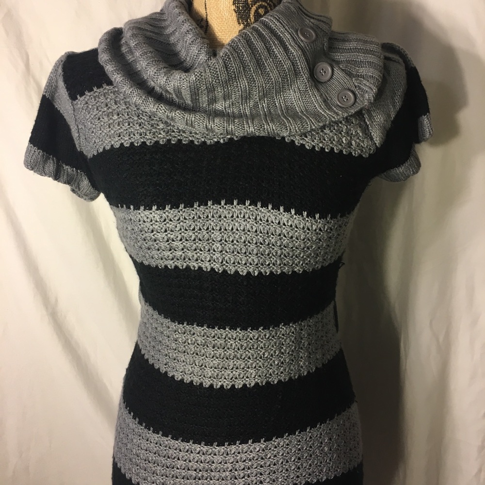 Black and grey striped cowl neck sweater dress.